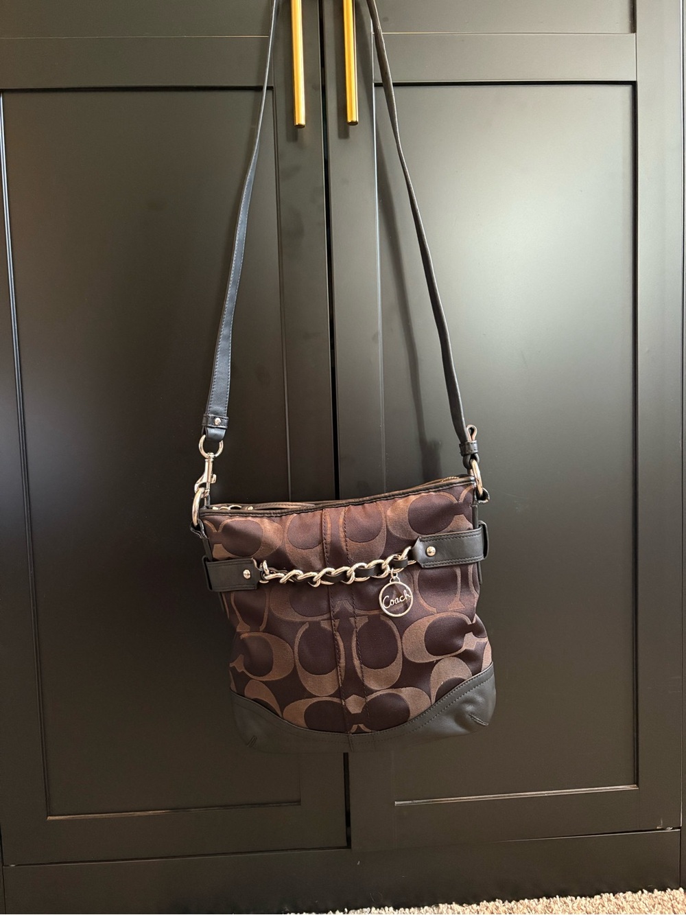 Brown/Bronze Coach Signature Monogram Chain Accent Purse Handbag